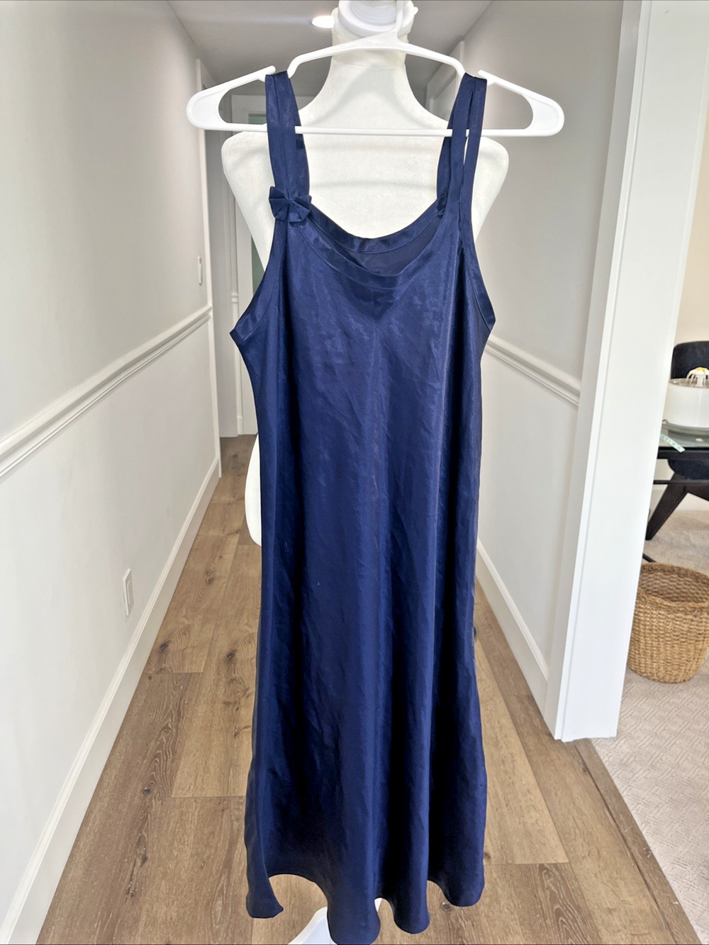 Navy Blue Slip Dress Size Small Midi Satin Double Strap Scoop Bow Detail Classic